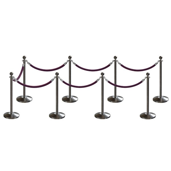 Montour Line Stanchion Post and Rope Kit Sat.Steel, 8 Ball Top7 Purple Rope C-Kit-8-SS-BA-7-PVR-PE-PS